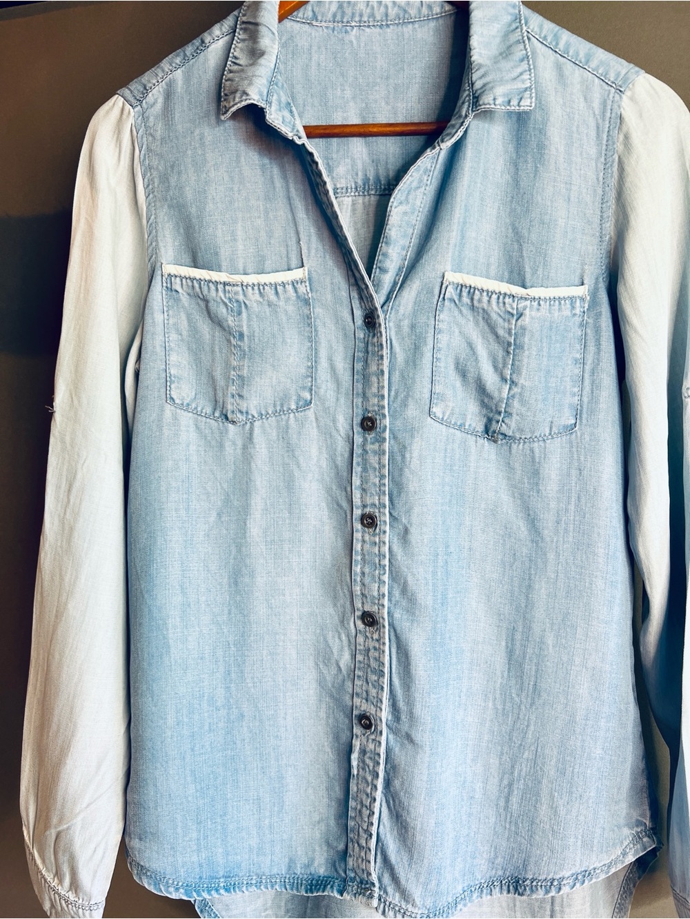 Chambray Button-Up Shirt | Roll Tab Sleeves | Lightweight Denim | Size S